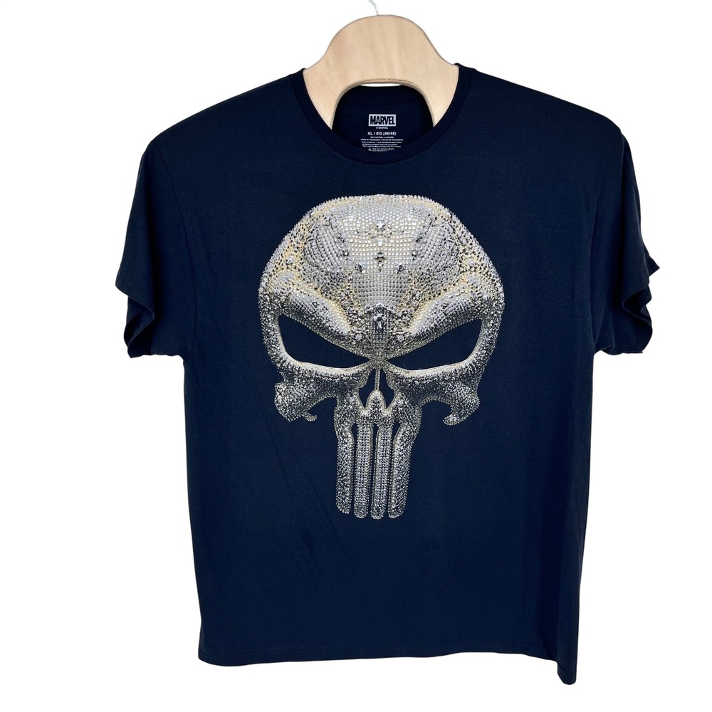 Marvel Punisher T-Shirt Mens XL Black Crystal Rhinestone Skull Comics Streetwear